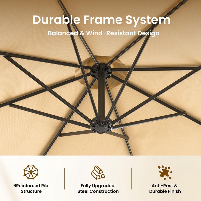 Sombrilla de patio voladiza Docred de alta resistencia con base incluida, sombrilla de exterior de 3 metros con rotación de 360° e inclinación infinita, conjuntos de muebles de patio, toldo teñido en hilo resistente a la decoloración, estructura de acero