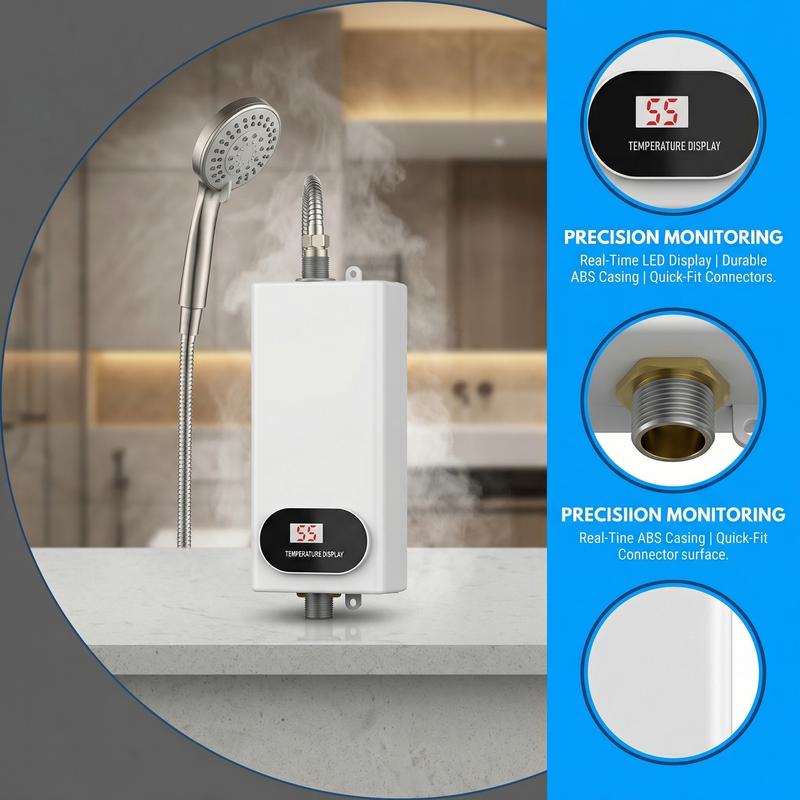 Calentador de agua eléctrico instantáneo de 3500 W con cabezal de ducha y pantalla LCD. Agua caliente instantánea. Fácil instalación para baños, cocinas y caravanas. Electrodomésticos de acero inoxidable blanco. #SummerVibes