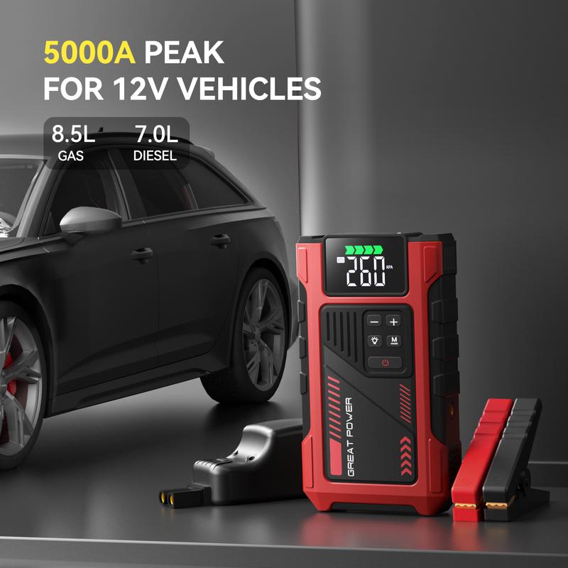 Arrancador portátil de 12000 mAh con compresor de aire, 150 PSI, caja de arranque para baterías de coche de 12 V, motores de gasolina de 10,0 L y diésel de 9,0 L, inalámbrico, pinzas seguras para un uso sencillo.