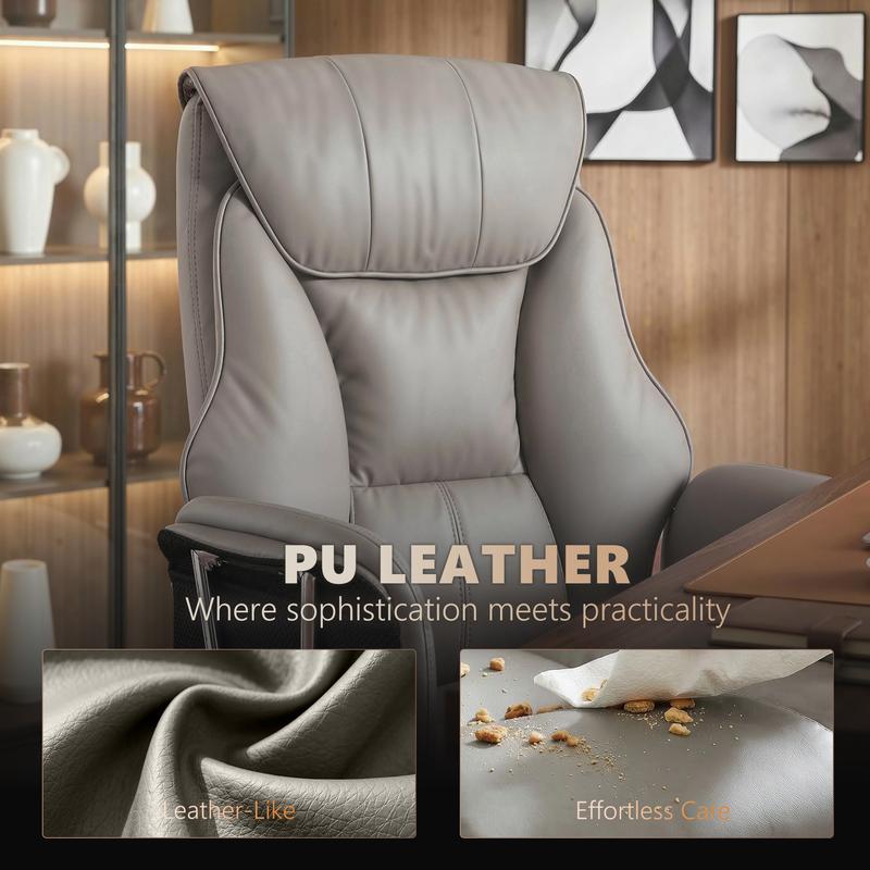 Sillón de oficina con masaje y vibración de 6 puntos, sillón reclinable acolchado con respaldo alto, tapizado en cuero sintético, reposapiés, cojín de muelles grueso, soporte lumbar, altura ajustable y ruedas giratorias.