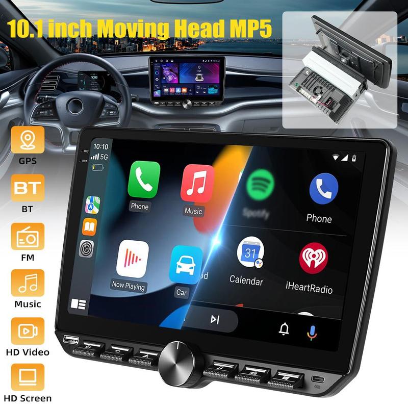 Autoestéreo MP5 giratorio de 10.1 pulgadas, CarPlay inalámbrico y Android Auto, Android 15 (4 GB + 64 GB), Bluetooth 5.0, FM/RDS, 6 salidas RCA, pantalla táctil con control giratorio: una mejora en el entretenimiento a bordo.