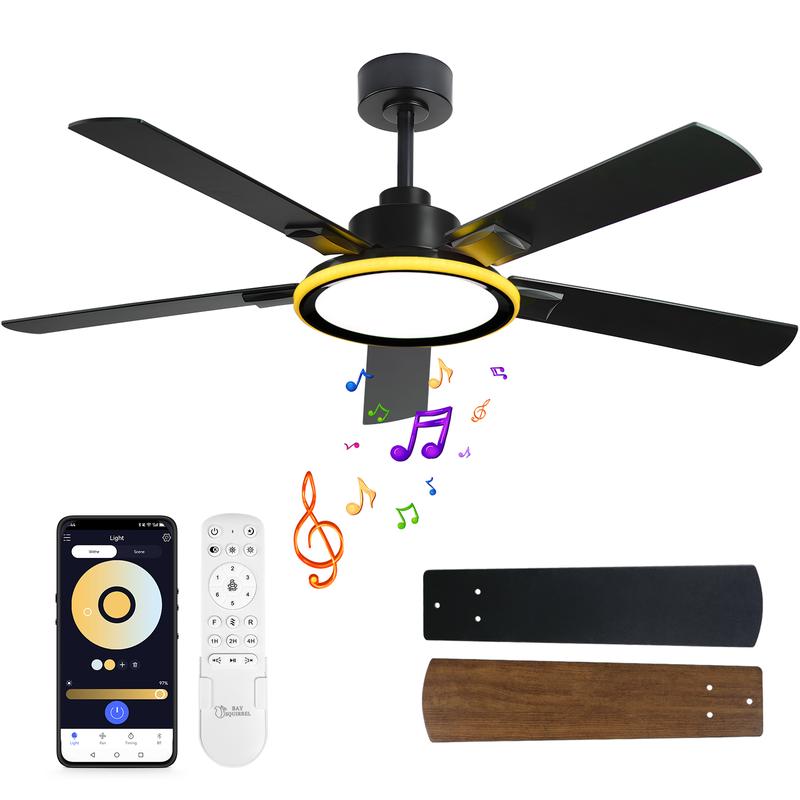 Ventilador de techo de 52" con luces, altavoz Bluetooth RGB, motor reversible de 6 velocidades, iluminación de espectro completo, luces ambientales Edge, soluciones de iluminación inteligente,
