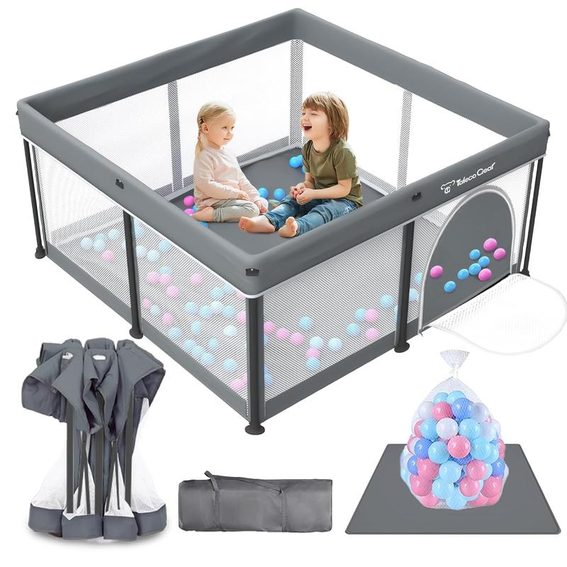 Parque infantil plegable Taleco Gear con alfombra transpirable para bebés y niños pequeños, con puerta de seguridad, 50 pelotas de agua y diseño portátil para viajes.