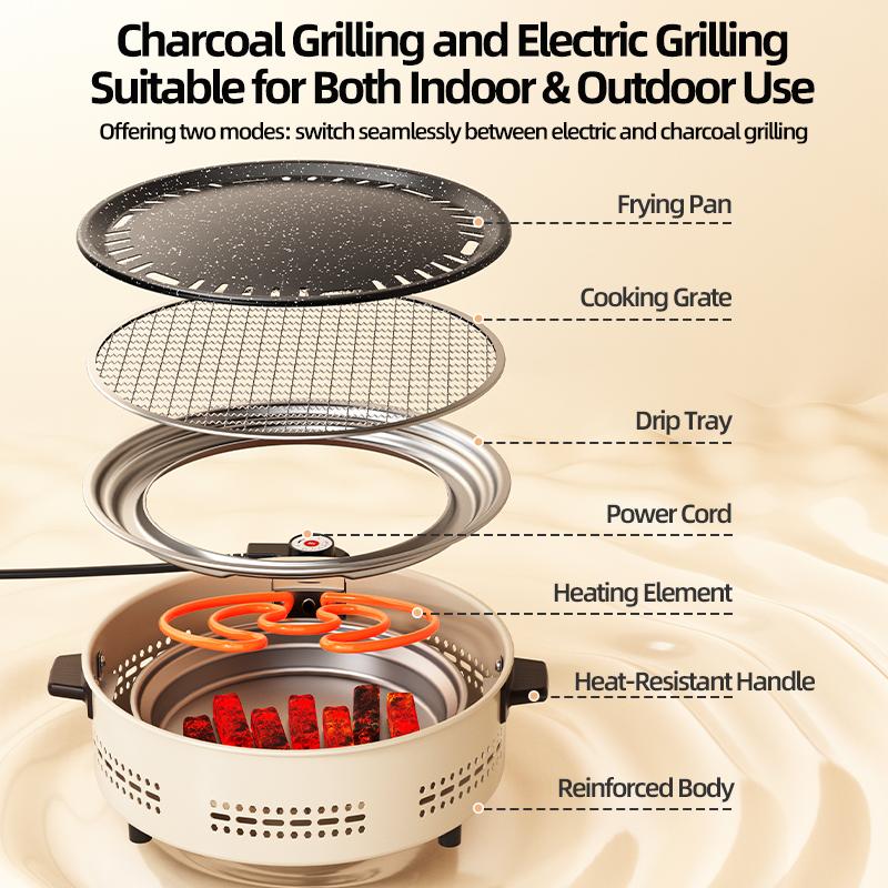 Parrilla portátil multifunción 2 en 1 Aoran, con funcionamiento a carbón y eléctrico, ideal para asar, cocinar y hervir agua; perfecta para reuniones familiares y acampadas al aire libre.