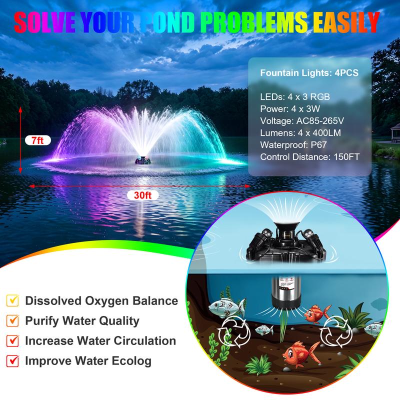 Aireador para fuente de estanque Goldlife F4, con 4 luces RGB, 110 V, 1 HP, 750 W, 15000 GPH, cable de alimentación de 30 m, potente bomba aireadora para fuentes de agua exteriores, estanques pequeños y grandes, lagos y jardines.