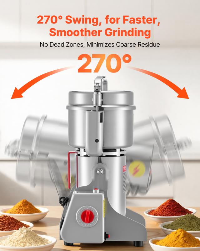 Molino eléctrico de granos de 750 g, 2000 W, 28000 RPM, alta velocidad, para moler especias, maíz y otros ingredientes secos. Máquina pulverizadora de acero inoxidable para granos secos, granos de café, especias y frutos secos (tipo oscilante de 270°).