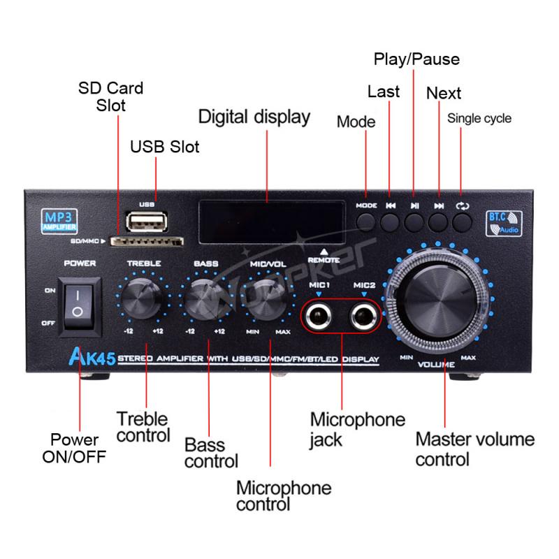 Amplificador estéreo Bluetooth 5.0 AK45 300W/AK45 Pro 400W HiFi de 2.0 canales con soporte para micrófono dual USB SD RCA para karaoke, cine en casa, fiestas y transmisión de audio. Máquina de karaoke summerwins