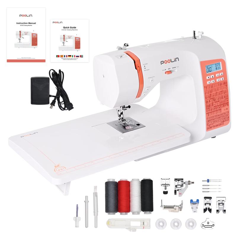 Máquina de coser electrónica PooLin EOC02RE, ideal para principiantes, modelo doméstico multifuncional con puntada invisible, opciones alfabéticas para costura DIY, puntadas incorporadas.