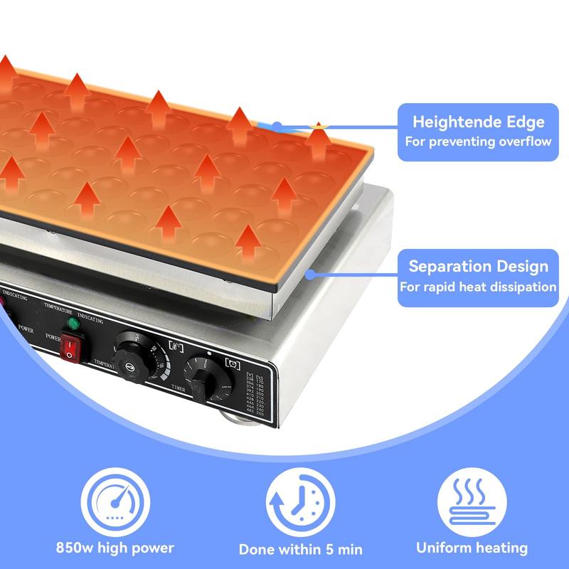 Máquina comercial para hacer mini panqueques, 50 unidades, eléctrica, antiadherente, de acero inoxidable, para el hogar y restaurantes, 1800 W.