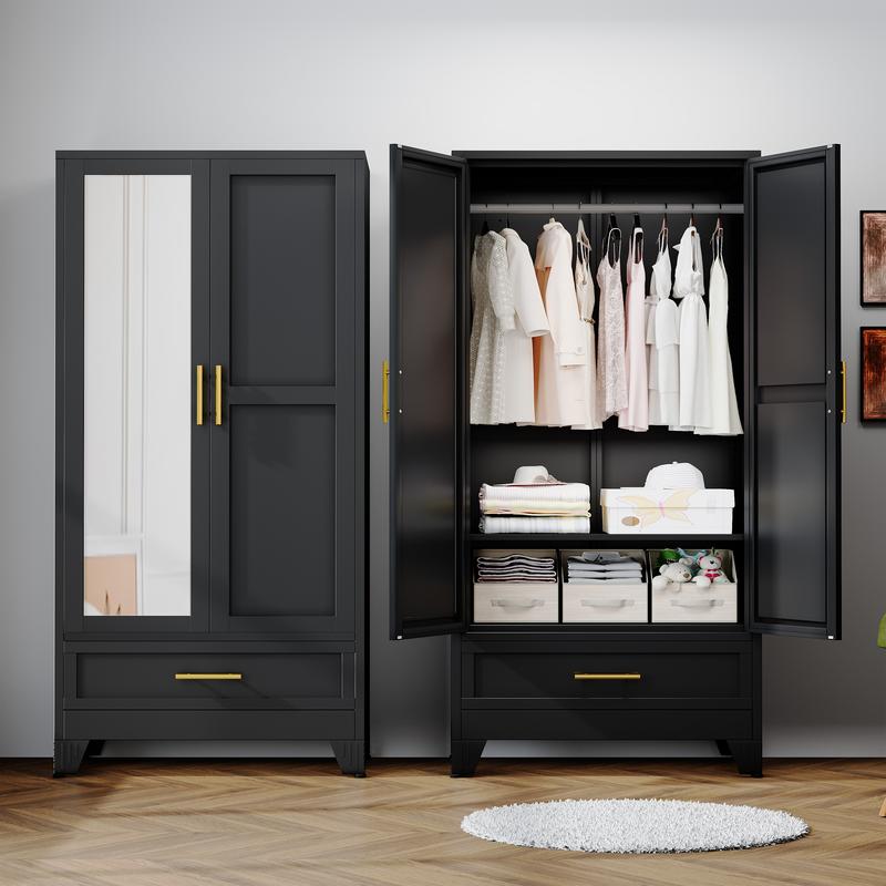 Armario metálico de 180 cm (71"), blanco, para dormitorio, con espejo, 1 cajón, estantes ajustables y barra para colgar ropa. Armario de acero independiente con espejo, ideal para dormitorio y habitación de invitados.