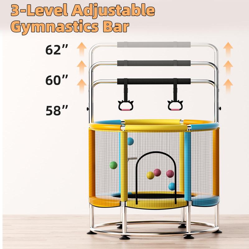 Cama elástica de 55" para niños, hasta 200 kg (440 lbs), mini cama elástica con base redonda antivuelco, cama elástica para niños pequeños para interiores y exteriores con red de seguridad, barras de gimnasia ajustables y aro de baloncesto.