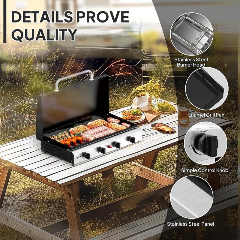 Plancha portátil de propano ROVSUN de 2/4 quemadores con bandeja y tapa esmaltadas, parrilla de gas de mesa plana de 20000/40000 BTU con encendido electrónico y regulador para cocinar al aire libre, acampar, barbacoas y eventos al aire libre.