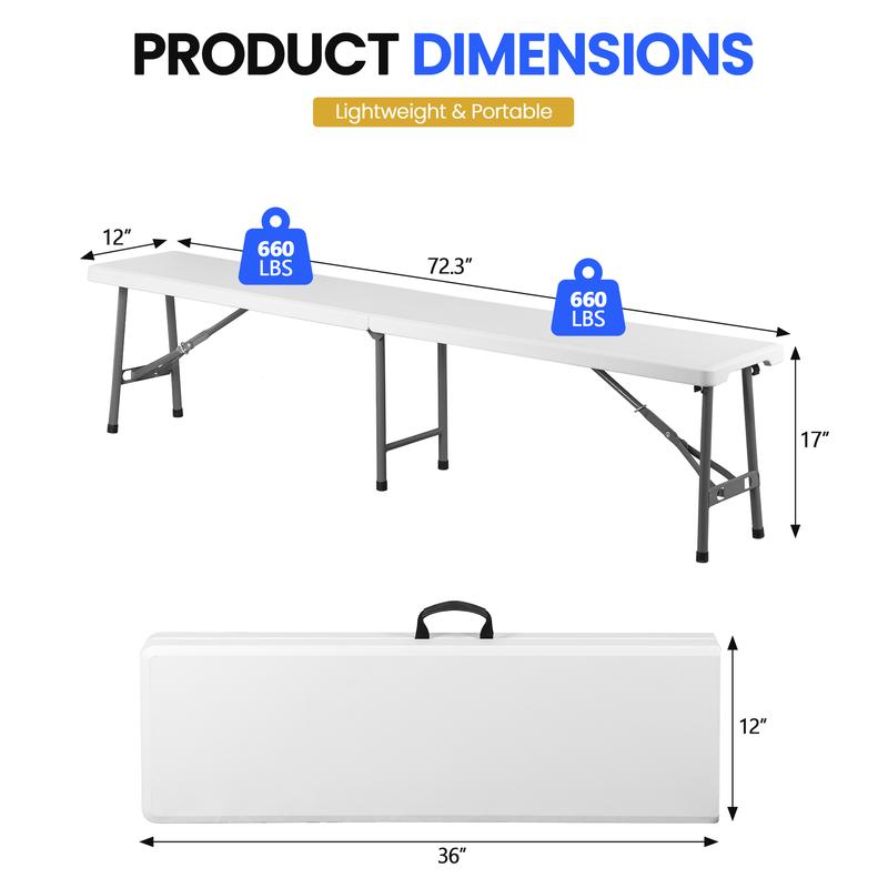 Segawe Juego de mesa plegable portátil de plástico HDPE preensamblada de 1,8 m con 2 bancos ligeros para exteriores de 1,8 m, opciones ligeras y multifuncionales para acampar, picnic, mesas portátiles ligeras, summerwins