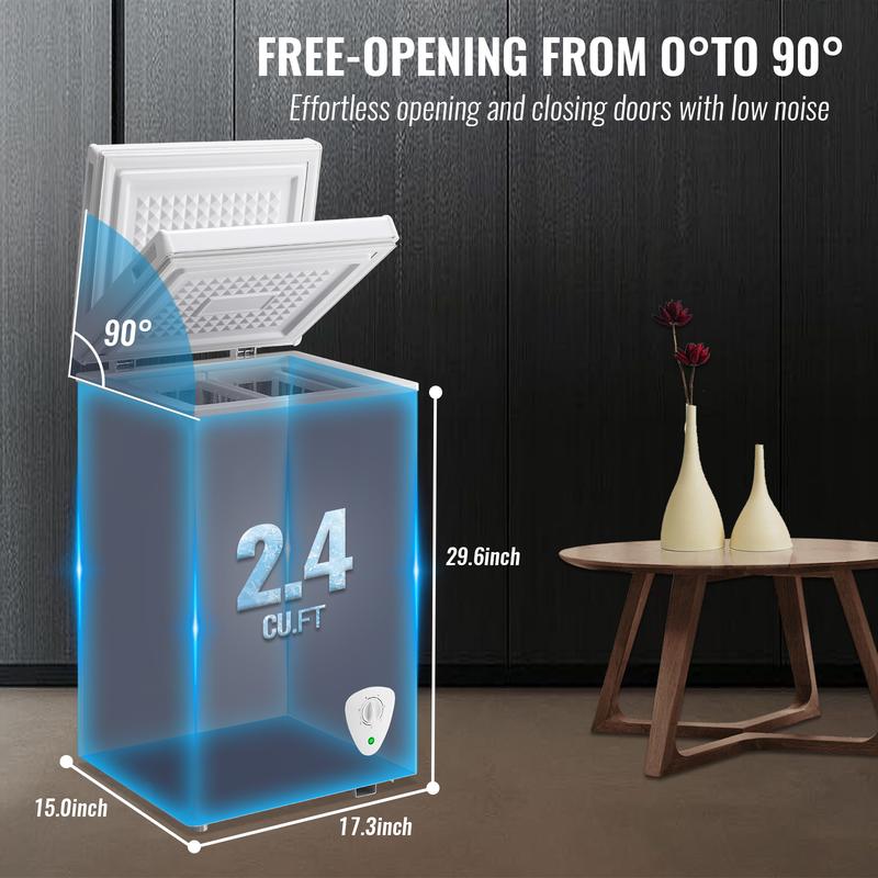 Congelador compacto WANAI de 2.4 pies cúbicos, congelador horizontal ecológico, mini congelador con 7 niveles de temperatura ajustables, cesta de almacenamiento extraíble, ahorro de energía.