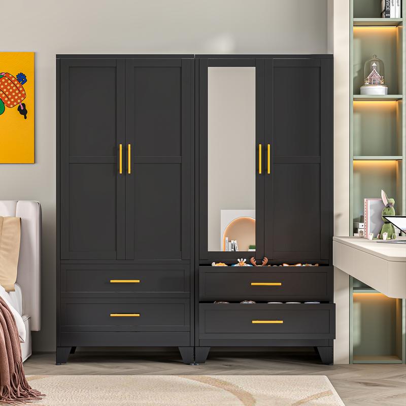 Armario de metal para dormitorio de 71 pulgadas de alto con espejo, 2 cajones, estantes ajustables y barra para colgar, armarios de acero para ropa y almacenamiento para dormitorio