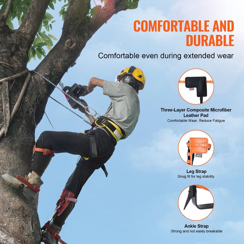 Juego de espuelas para trepar árboles, 1 par de espuelas de escalada de acero aleado con cuerda de seguridad y arnés de seguridad, capacidad de carga de 350 libras, equipo para trepar árboles, equipo de arborista para trepadores, recolección de frutas, na