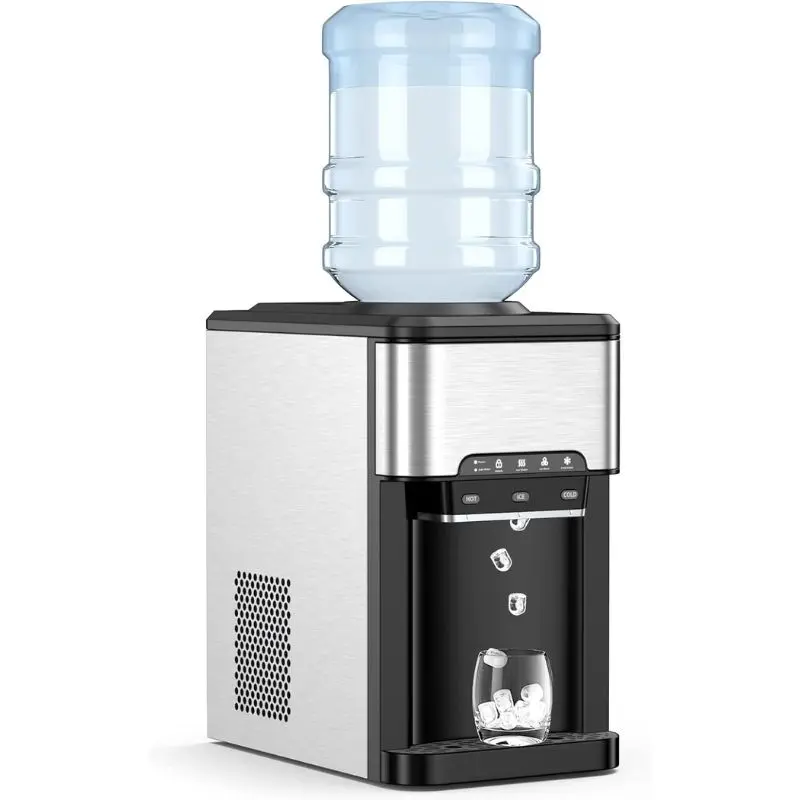 Dispensador de agua de sobremesa con máquina de hielo; dispensador 3 en 1 de carga superior para agua fría y caliente (garrafas de 5 galones) y producción de 48 libras de hielo al día.