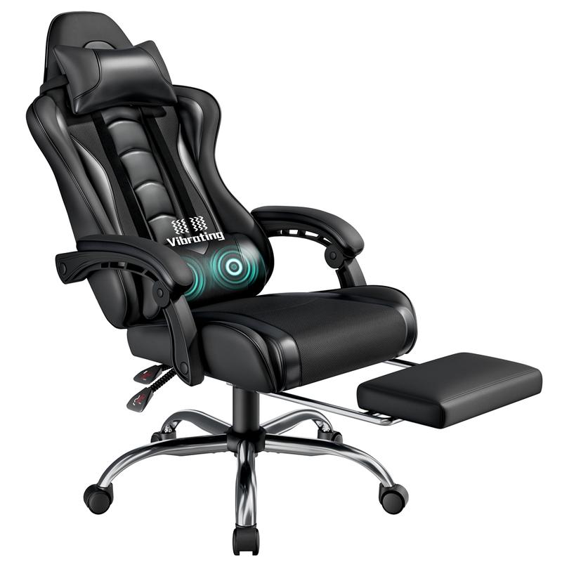 Silla ergonómica para videojuegos con soporte lumbar con masaje, reposapiés y reposacabezas retráctiles – Silla de oficina reclinable de cuero sintético, silla de escritorio giratoria con ruedas para jugadores altos.