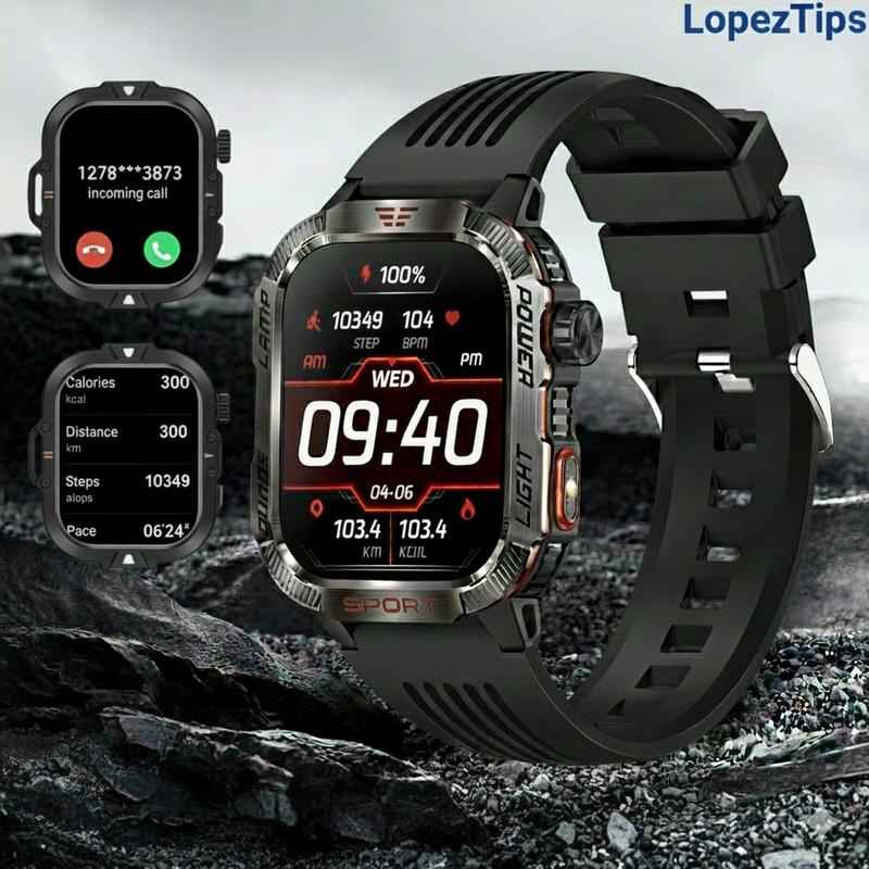 Reloj inteligente LOPEZ TIPS: el mejor reloj inteligente para exteriores para hombres, linterna LED, detector de dinero UV, brújula, sensor de altitud, carcasa resistente de aleación, modos deportivos y de fitness.