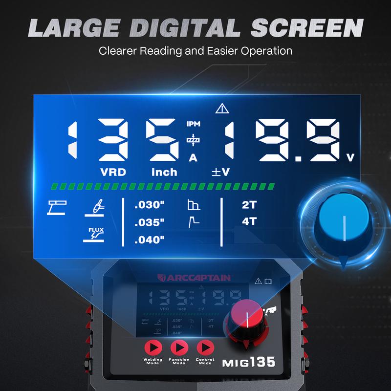 Soldadora MIG ARCCAPTAIN 135A, modelo 2025 [Pantalla LED grande], 110V, MIG con núcleo fundente, TIG con elevación, electrodo revestido, máquina de soldar 3 en 1, soldadora MIG sin gas de 110V, soldadora inversora IGBT con Synergy, 2T/4T