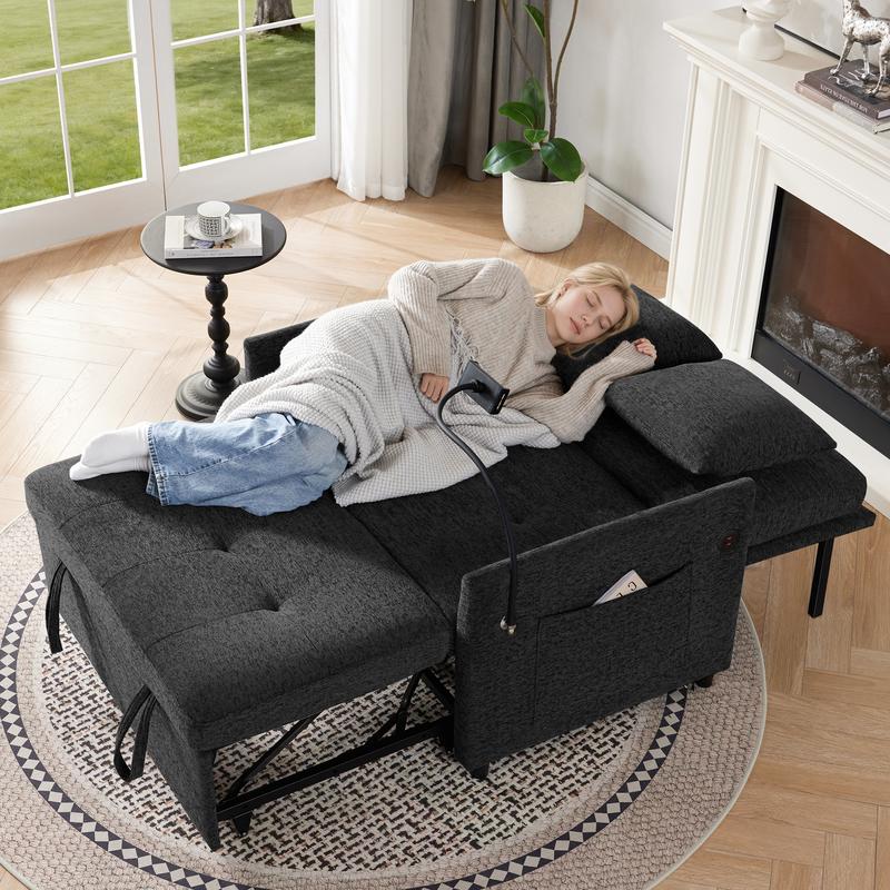 Sofá cama de dos plazas con puertos USB y tipo C, sofá cama convertible 3 en 1 con soporte para teléfono, sofá cama extraíble, sofá cama de dos plazas para sala de estar, respaldo ajustable, bolsillos laterales,