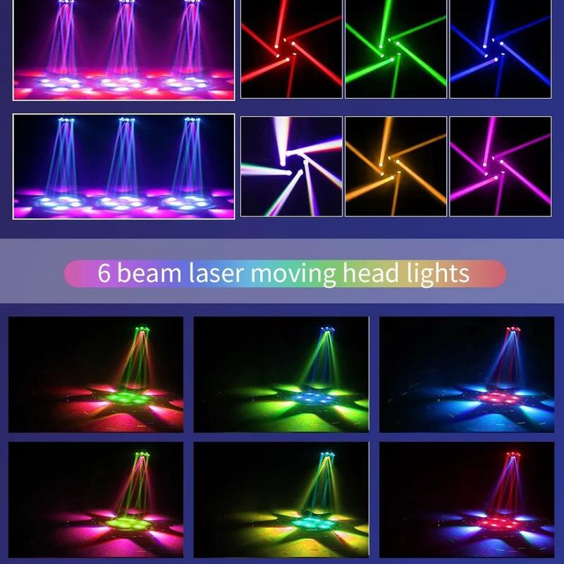 Luces de cabeza móvil para DJ, luces para fiestas 6 en 1 LED RGBW de 6 brazos, luces de escenario con control remoto DMX-512 y activación por sonido para bodas, fiestas, discotecas y karaokes.