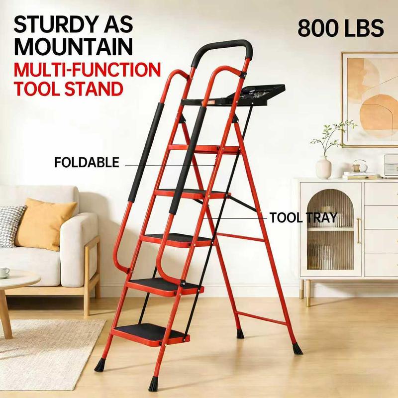 Escalera portátil resistente de 5 peldaños, capacidad de 363 kg (800 lbs), plegable con pasamanos y bandeja para herramientas, ideal para proyectos de cocina y bricolaje.