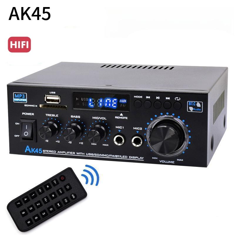 Amplificador estéreo Bluetooth 5.0 AK45 300W/AK45 Pro 400W HiFi de 2.0 canales con soporte para micrófono dual USB SD RCA para karaoke, cine en casa, fiestas y transmisión de audio. Máquina de karaoke summerwins