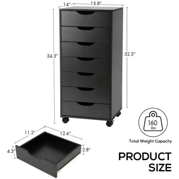 Organizador de almacenamiento VOWNER de 7 cajones, cómoda alta con ruedas, cajones Alex, organizador de tocador para maquillaje, oficina en casa, dormitorio.