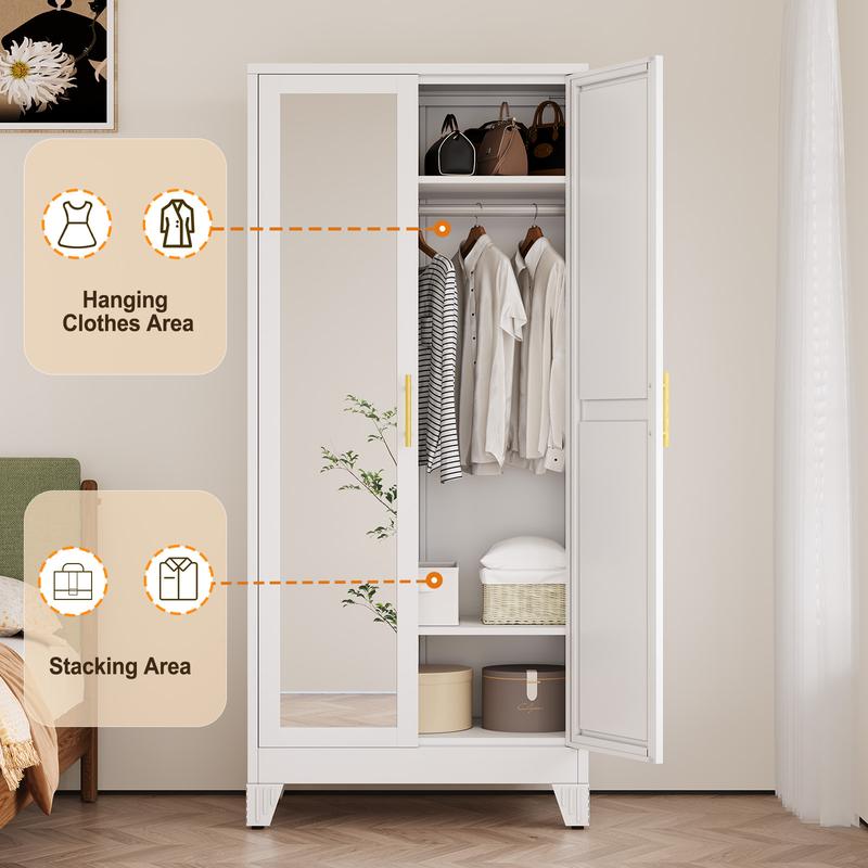 Armario metálico para ropa con espejo, armario de 180 cm con 2 puertas con espejo, estantes ajustables y barra para colgar ropa para dormitorio.