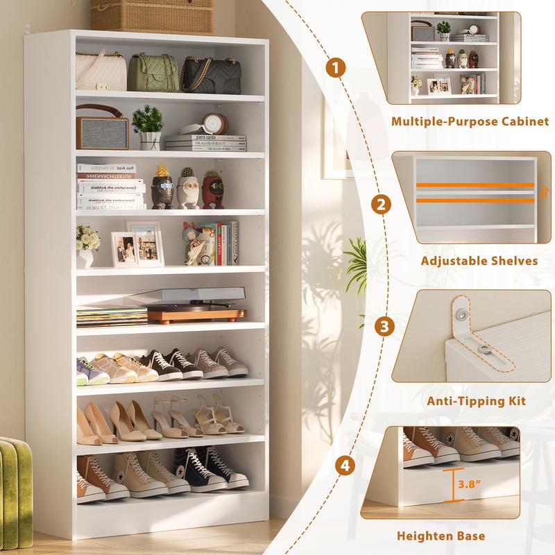Zapatero vertical de madera de 8 niveles, organizador de armario resistente con estantes ajustables, mueble para pasillo con capacidad para 40-45 pares de zapatos.