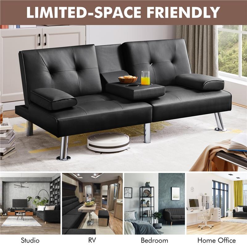 【Mayor área para dormir】Sofás y cama futón convertibles modernos de piel sintética Yaheetech con 2 cojines decorativos y portavasos abatibles, sofá futón ajustable 3 en 1