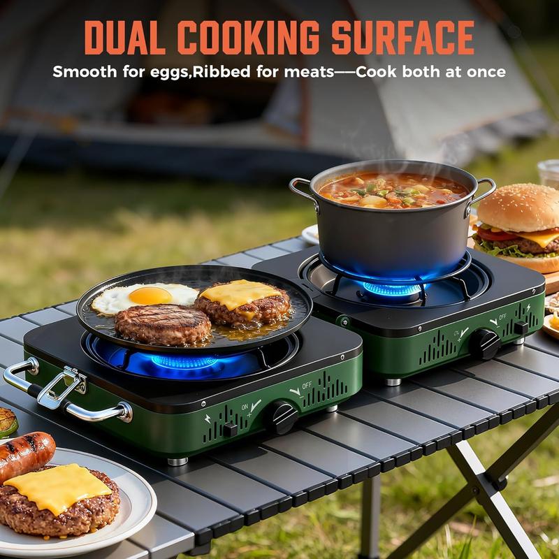 Estufa de camping de propano de 2 quemadores, estufa portátil, estufa de gas plegable, incluye sartén y bolsa de transporte para camping, uso de emergencia y cocina al aire libre outdoorfun
