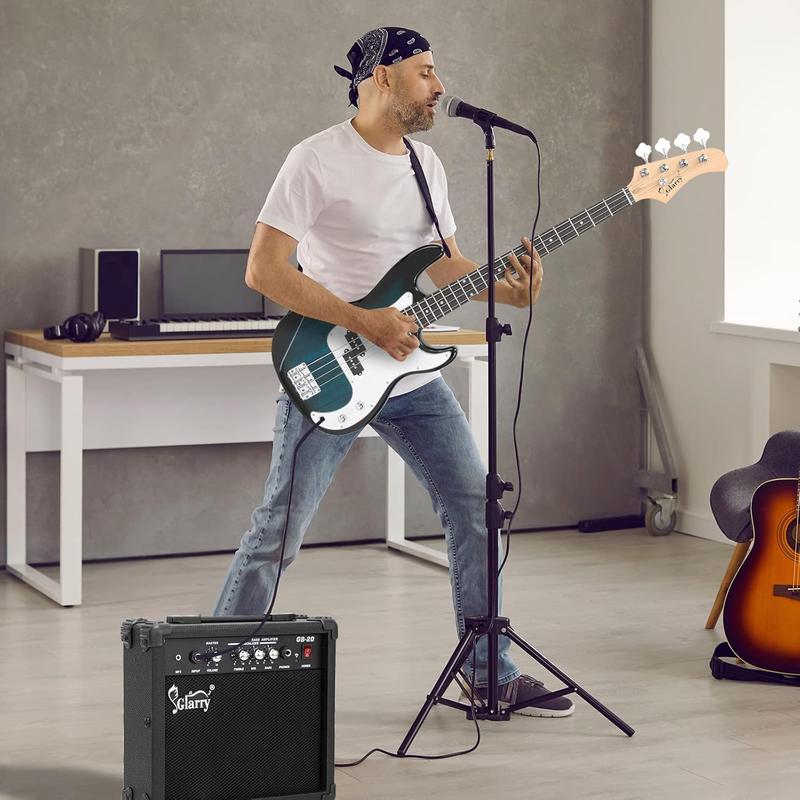 Bajo eléctrico de tamaño completo con amplificador de 20 W, kit de iniciación para principiantes de 4 cuerdas con accesorios que incluyen cable, correa y funda para niños y adultos.
