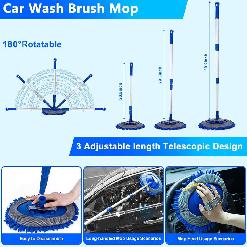 Kit de lavado de autos THINKWORK, kit de detallado de autos con pistola de espuma, cepillo, mopa y cubo plegable grande, adecuado para la limpieza de autos, set de lavado de autos azul, regalo para hombres y mujeres.