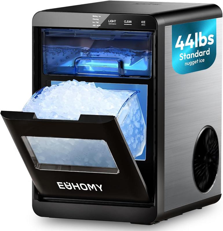 Máquina de hielo Euhomy 2025 Nugget para encimera, 44 libras/24 horas, máquina de hielo en forma de guijarros, máquina de hielo en pellets autolimpiante con pala y cesta para hielo, máquina de hielo sónica para encimera para el hogar/cocina/oficina (negra