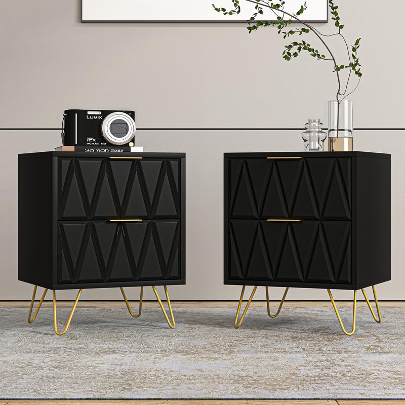 2 mesitas de noche modernas de 2 cajones - Almacenamiento para dormitorio, exquisitas y duraderas mesitas de noche con patas de metal dorado, muebles para sala de estar, muebles para habitación