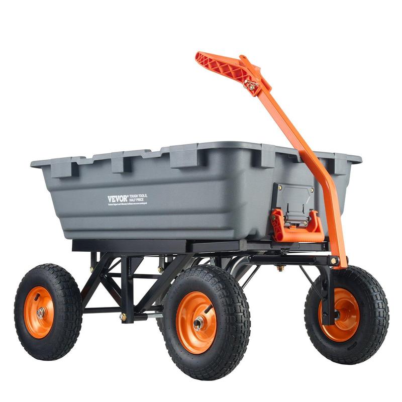 Carro de jardín de polietileno con estructura de acero de fácil montaje, asa convertible 2 en 1, neumáticos de 13 pulgadas, capacidad máxima de 1500 libras, carretilla utilitaria para mayor productividad en el jardín.