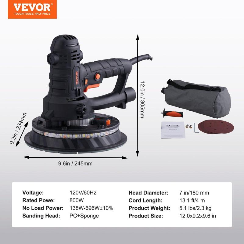 Lijadora de paneles de yeso VEVOR - Pulidora de hardware de alta potencia de 850 W con selector de velocidad de 6 niveles, diseño plegable, mango telescópico, tira de luz LED, bolsa de vacío y guantes, herramienta eléctrica de alta resistencia.