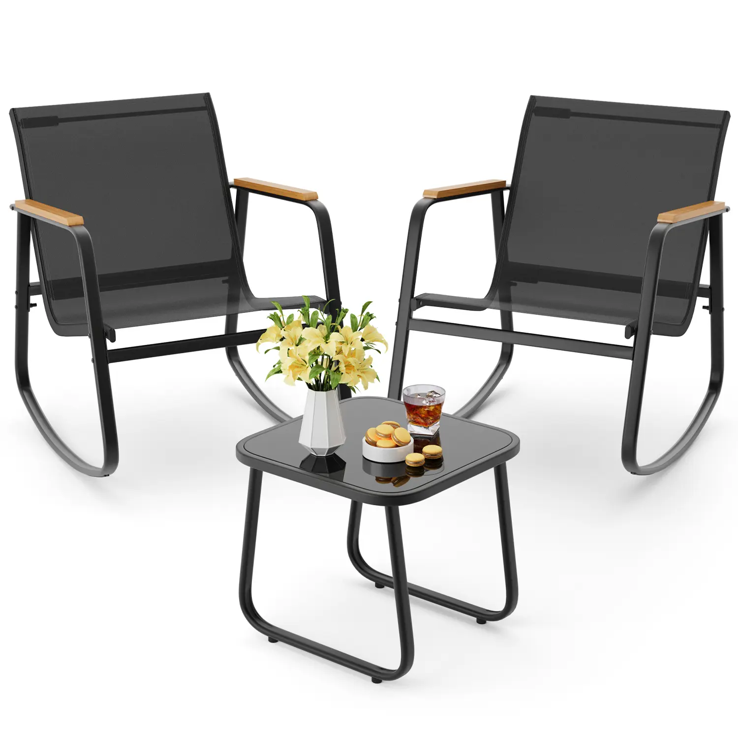 Juego de patio mecedor de 3 piezas: muebles de exterior en color negro