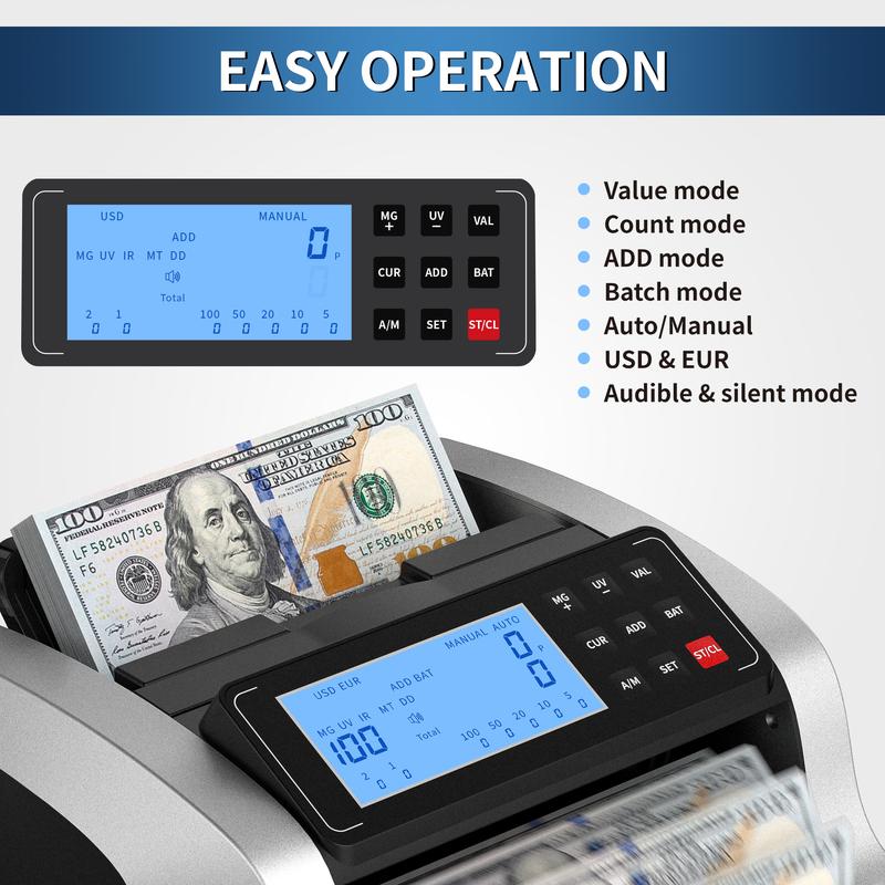 Contadora de billetes PONNOR | Detección de billetes falsos UV/MG/IR/MT/DD | Pantalla LCD, caja de monedas, modos CONTAR/SUMA/LOTE/AUTO | Funcionamiento silencioso, 1200 billetes/min