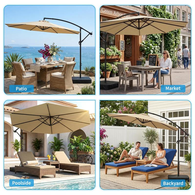 Sombrilla de patio voladiza Docred de alta resistencia con base incluida, sombrilla de exterior de 3 metros con rotación de 360° e inclinación infinita, conjuntos de muebles de patio, toldo teñido en hilo resistente a la decoloración, estructura de acero