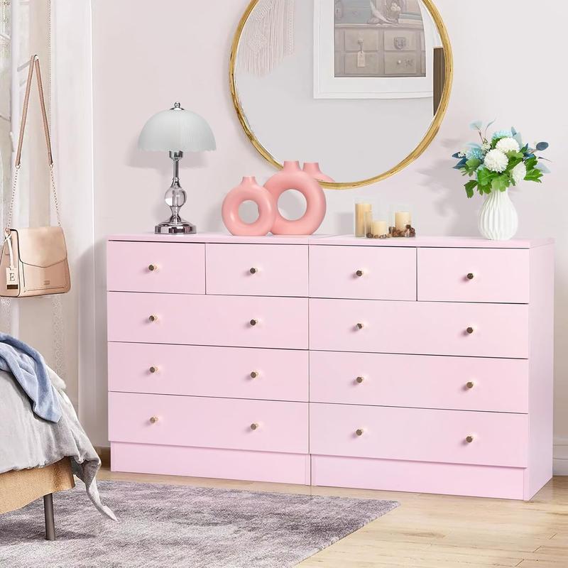 Cómoda rosa de 5 cajones para dormitorio, cómoda moderna de madera, cómodas rosas para dormitorio de niñas, dispositivo antivuelco, tirador de metal oro rosa, sala de estar, recibidor, pasillo, oficina