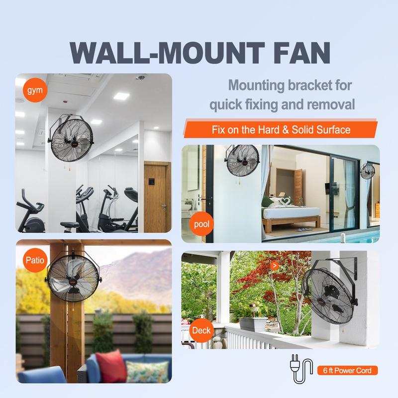 Ventilador de pared impermeable IP44, 3 velocidades, alta velocidad máxima de 4150 CFM, ventilador de pared industrial, comercial o residencial para almacén, invernadero, taller, patio, negro.