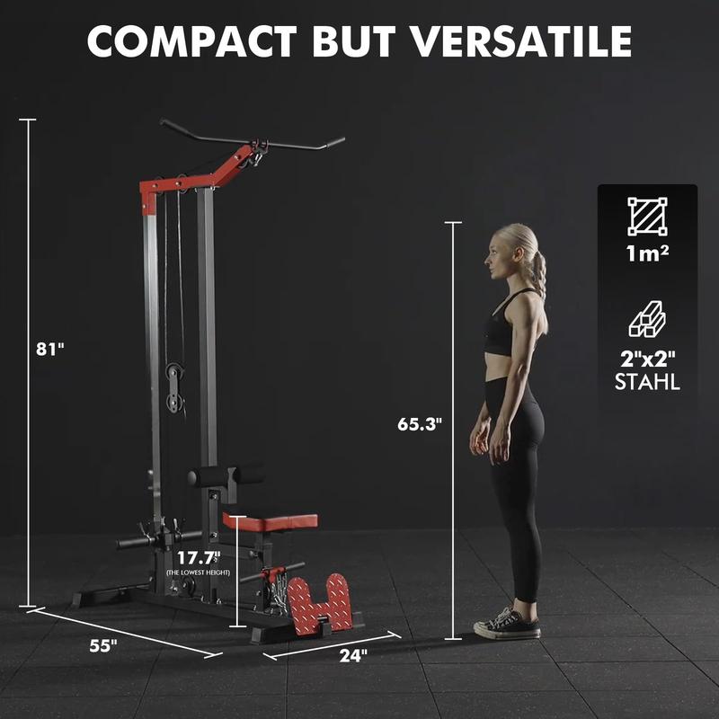 Equipo de fitness LAT Tower con polea alta para dorsales, remo para dorsales, estación de poleas altas y bajas, plataforma abatible para pies y arnés para abdominales, compatible con abrazaderas para barras de gimnasio en casa.