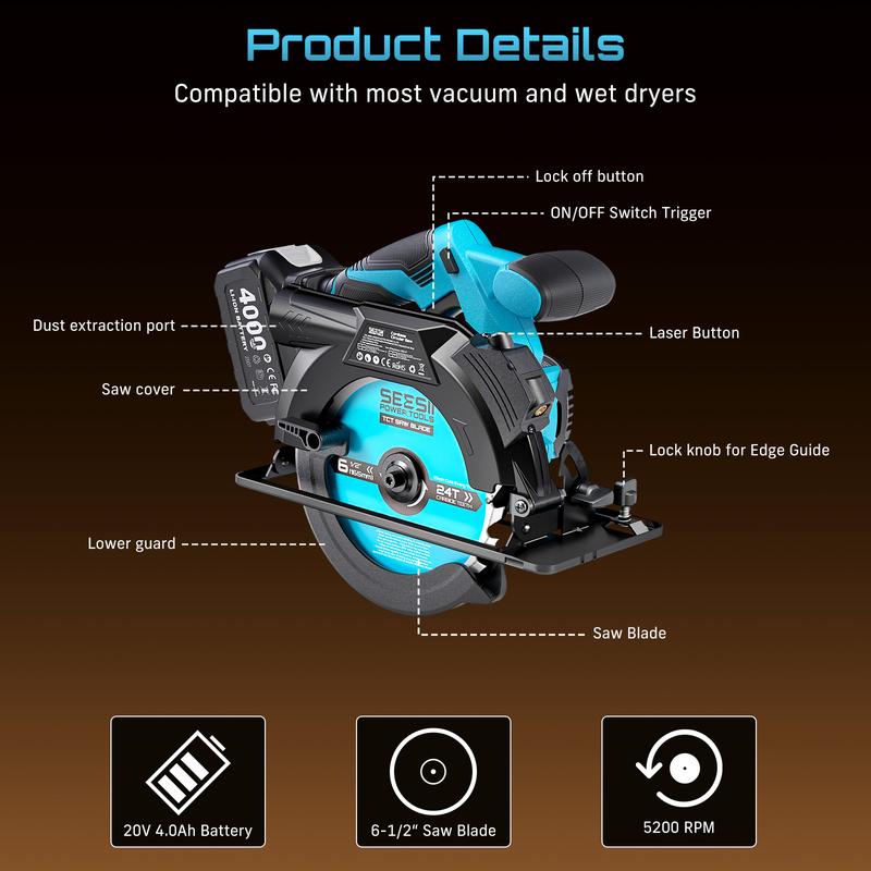Sierra circular inalámbrica de 21 V MAX (6-1/2”) con guía láser, recargable (2 baterías de 4 Ah y mango auxiliar), profundidad de corte de 2-1/4”, 5200 RPM, capacidad de biselado de 0-45°, sierra circular portátil con profundidad ajustable para trabajos a