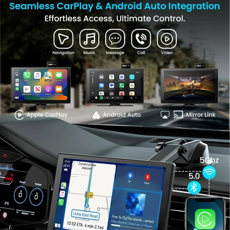 WHATOOK CarPlay inalámbrico portátil de 9 pulgadas con cámara de visión trasera 1080p, navegación GPS, Mirror Link, control por voz y Bluetooth para la actualización del sistema de audio del automóvil.