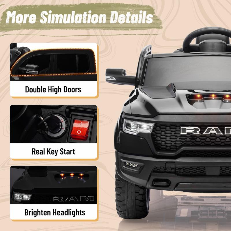 Primer coche eléctrico infantil Dodge RAM 1500 con control remoto, suspensión en las 4 ruedas, cinturón de seguridad de 5 puntos, Bluetooth MP3, luces LED, juguete eléctrico para niños de 3 a 6 años, el mejor regalo de Navidad para niños, Black Friday