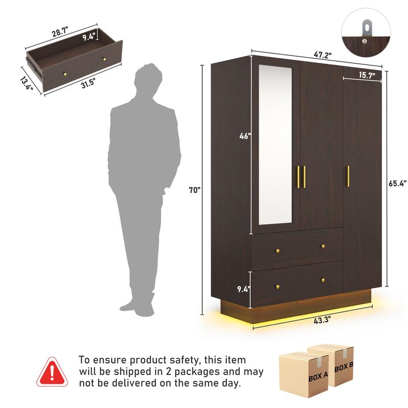 Armario moderno de 2/3 puertas con espejo, 2 cajones y luces LED RGB, armario con barra para colgar ropa para almacenamiento en el dormitorio, artículos esenciales para dormitorios, decoración del hogar
