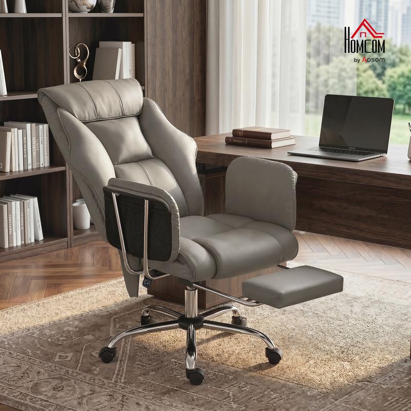 Sillón de oficina con masaje y vibración de 6 puntos, sillón reclinable acolchado con respaldo alto, tapizado en cuero sintético, reposapiés, cojín de muelles grueso, soporte lumbar, altura ajustable y ruedas giratorias.